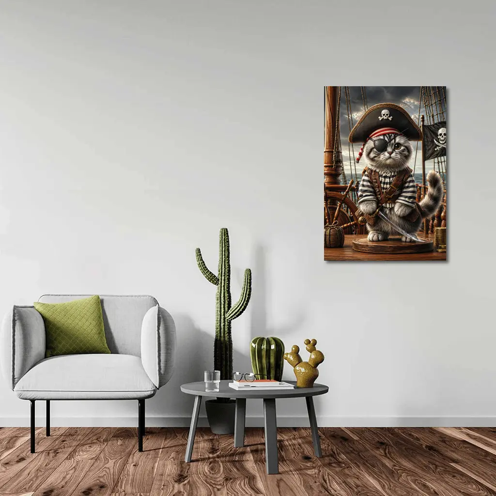 Fluffy Pirate Cat with Sword on Deck – Wall Art