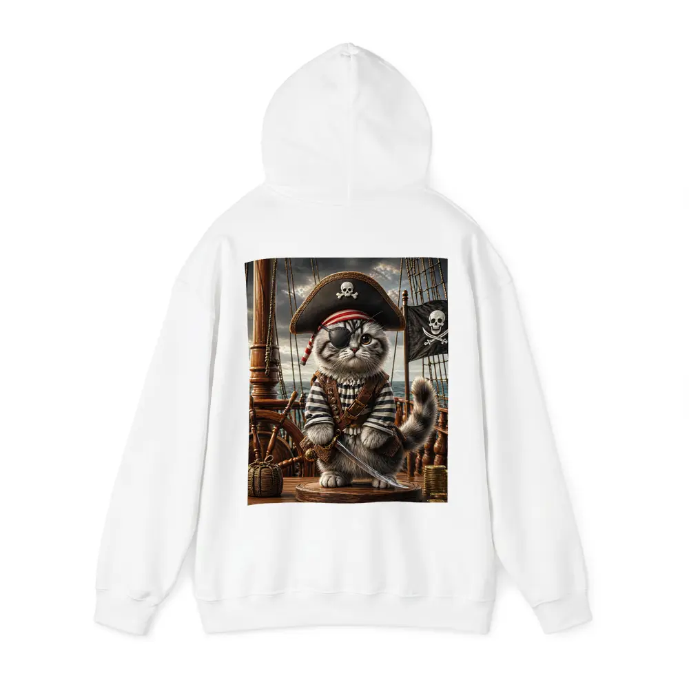 Fluffy Pirate Cat with Sword on Deck – Hoodies