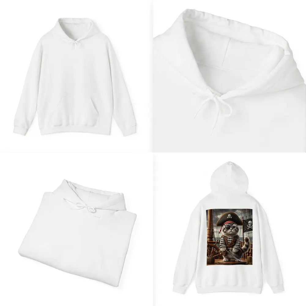 Fluffy Pirate Cat with Sword on Deck – Hoodies