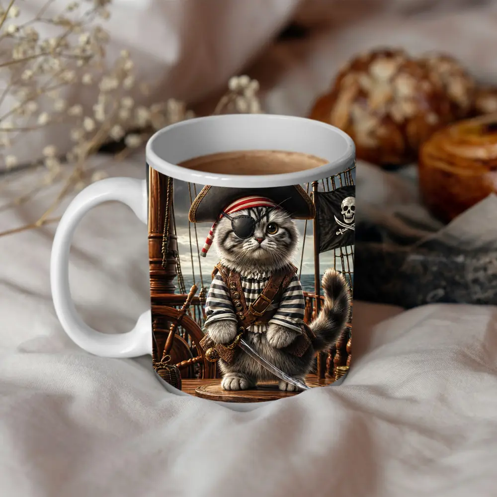 Fluffy Pirate Cat with Sword on Deck – Mugs
