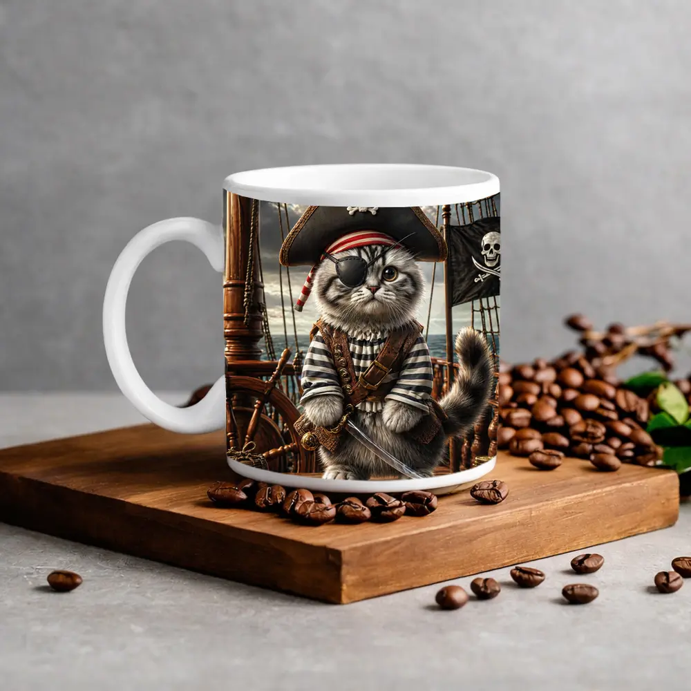 Fluffy Pirate Cat with Sword on Deck – Mugs