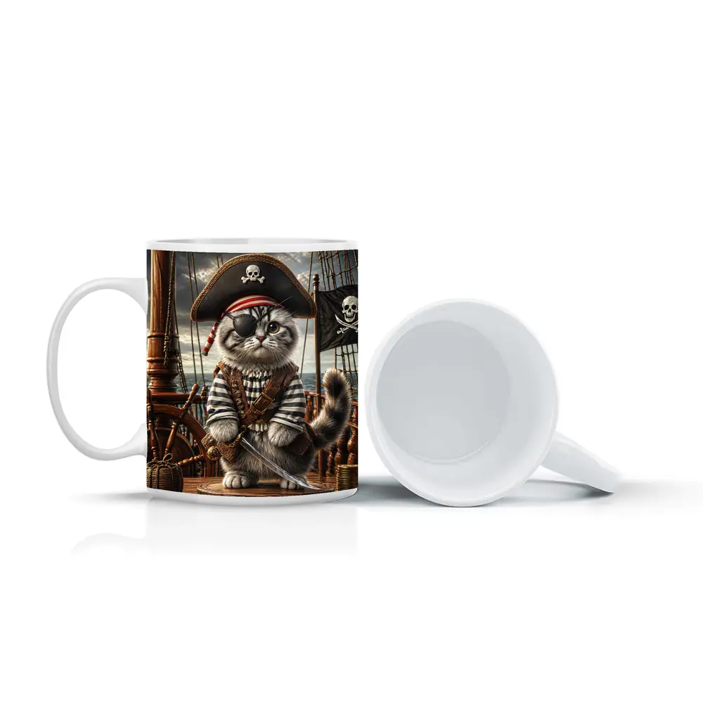 Fluffy Pirate Cat with Sword on Deck – Mugs