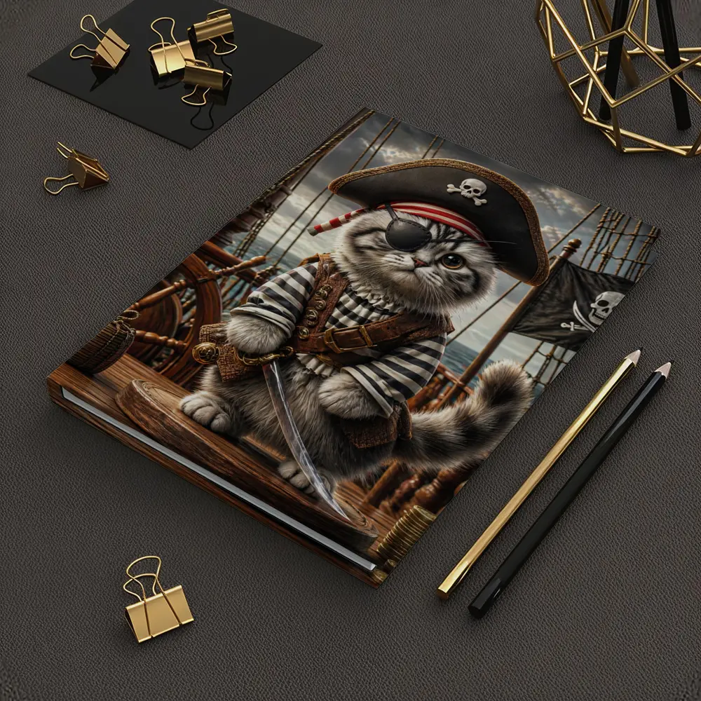 Fluffy Pirate Cat with Sword on Deck – Notebooks