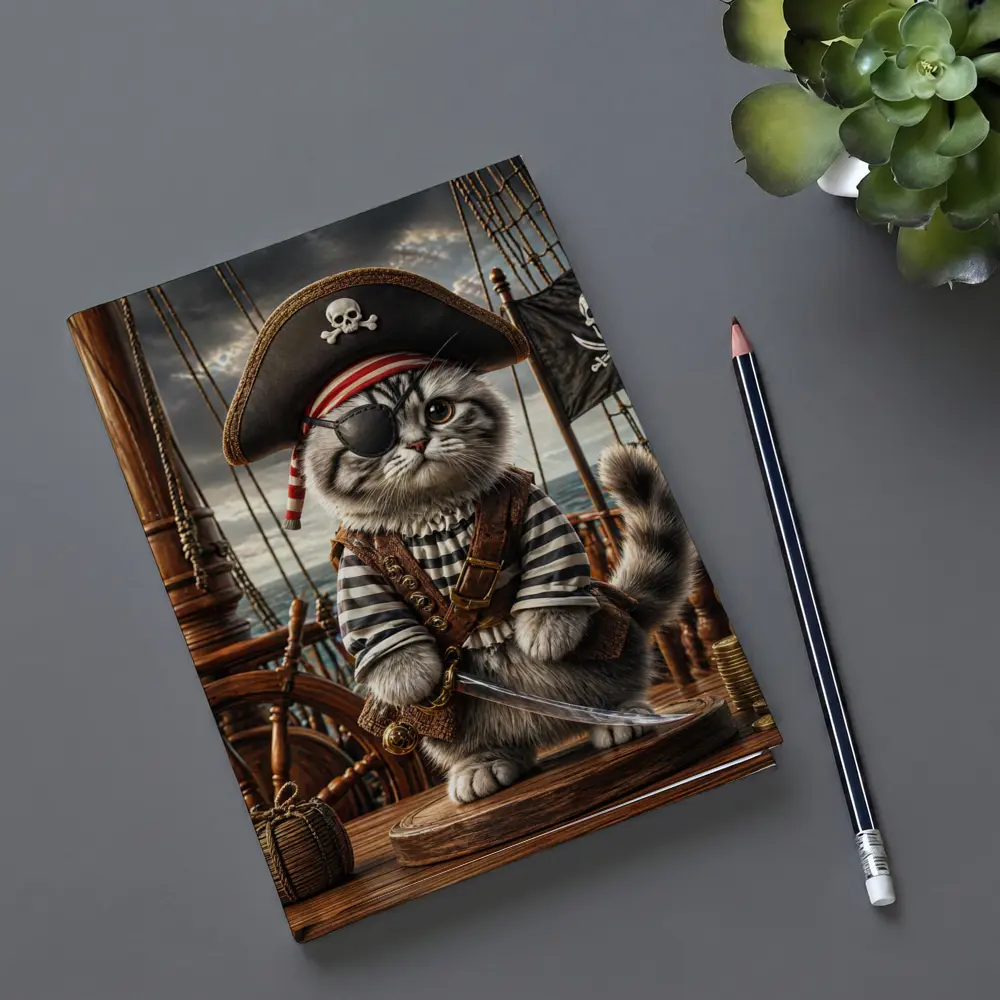 Fluffy Pirate Cat with Sword on Deck – Notebooks