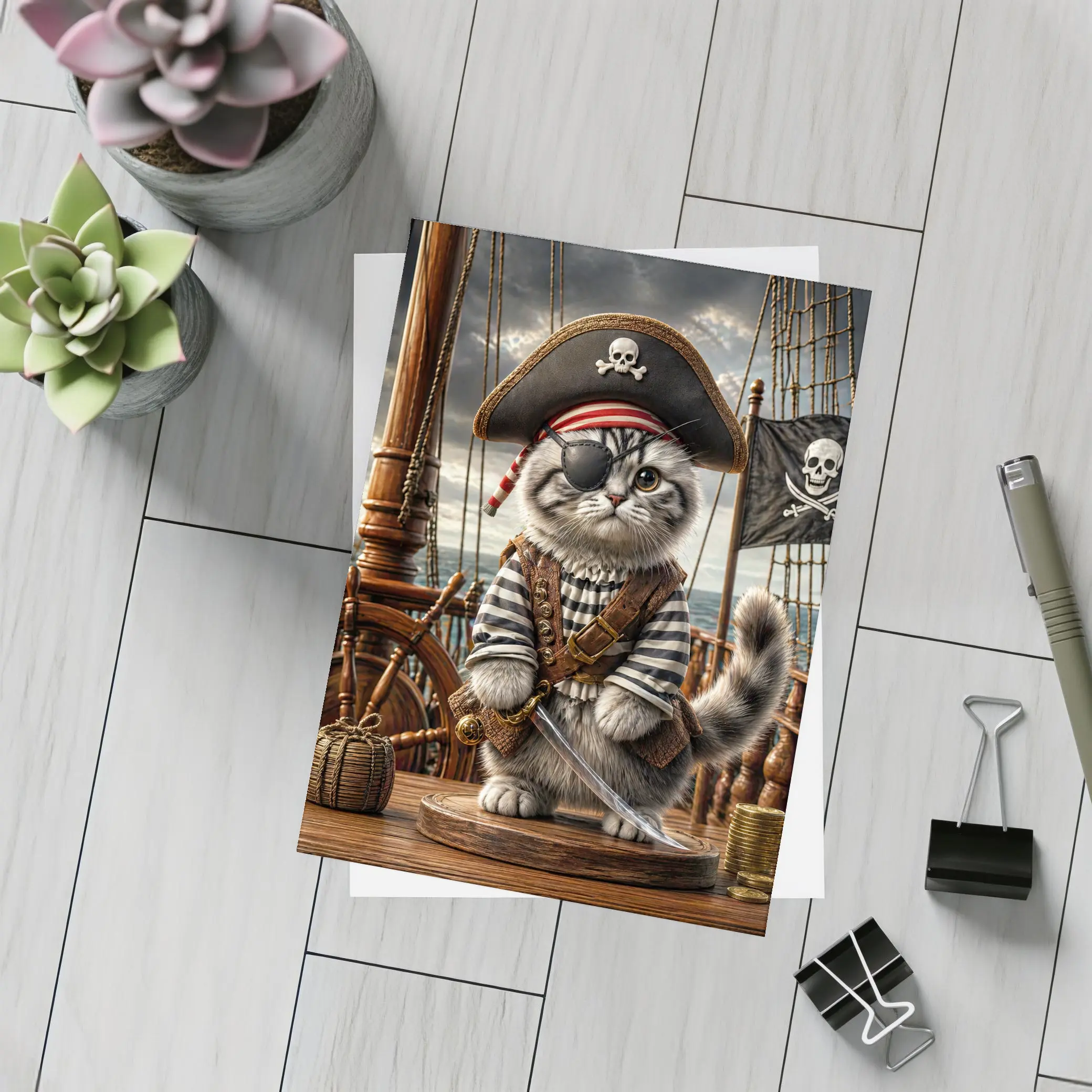 Fluffy Pirate Cat with Sword on Deck – Postcards