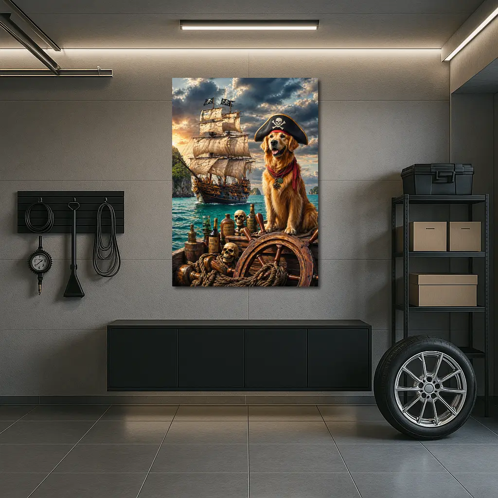 Golden Retriever Pirate Captain Sailing Ship Sea – Wall Art