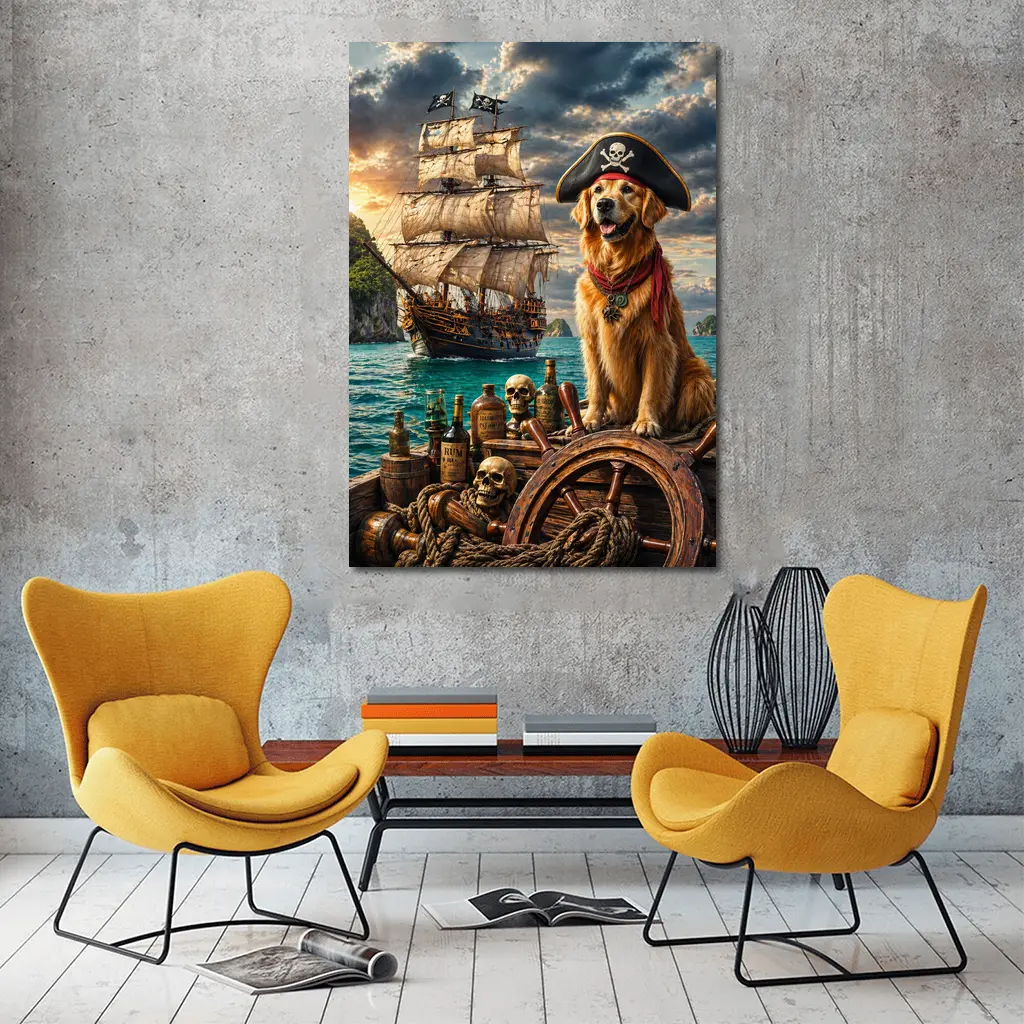 Golden Retriever Pirate Captain Sailing Ship Sea – Wall Art