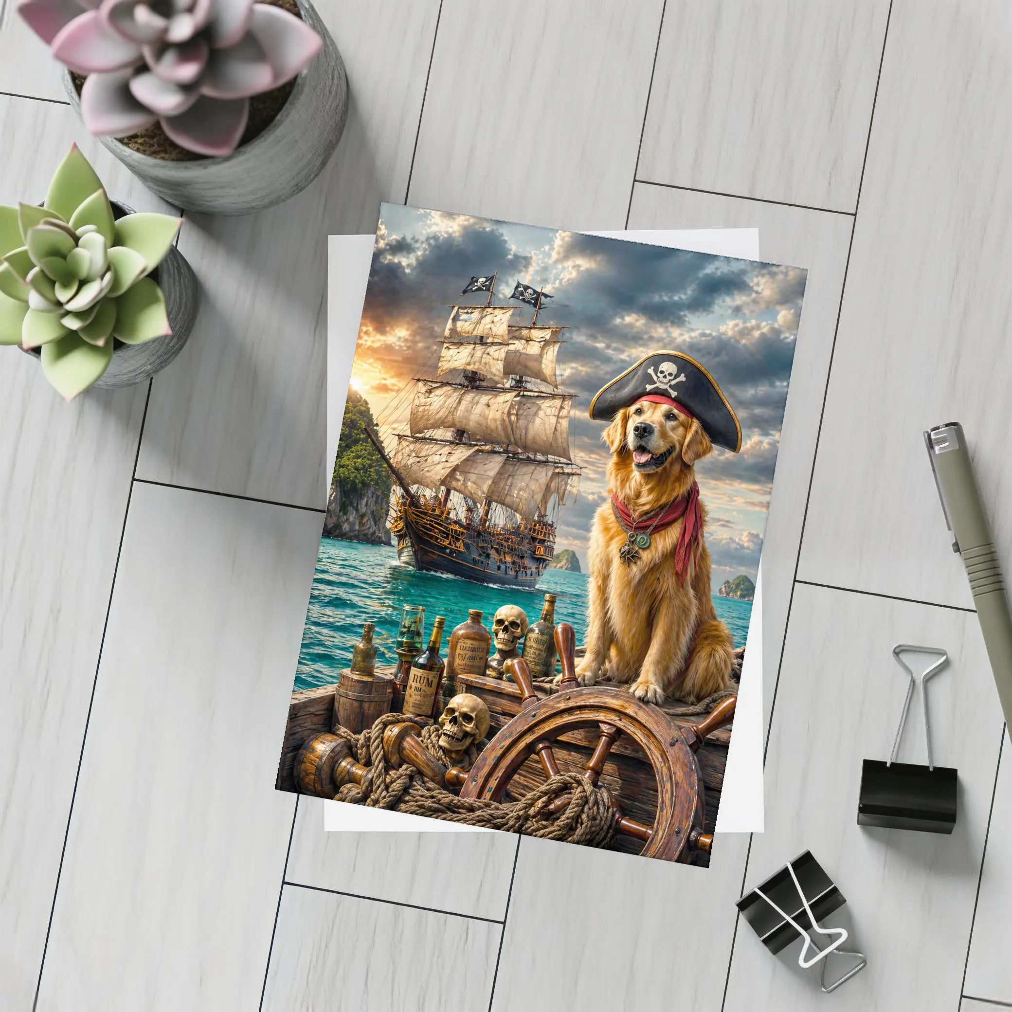 Golden Retriever Pirate Captain Sailing Ship Sea – Postcards
