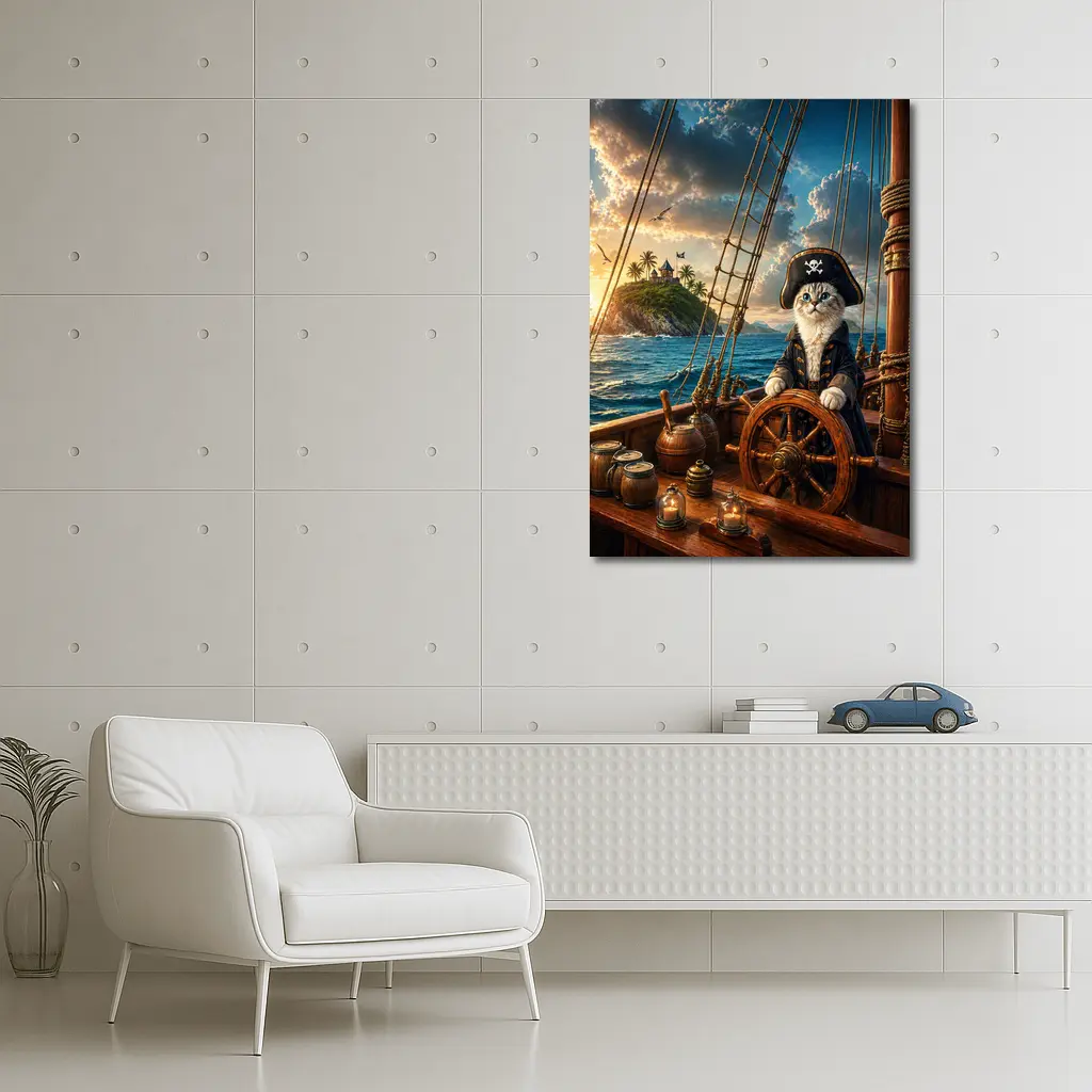 Pirate Cat Captain Steering Ship At Sunset – Wall Art