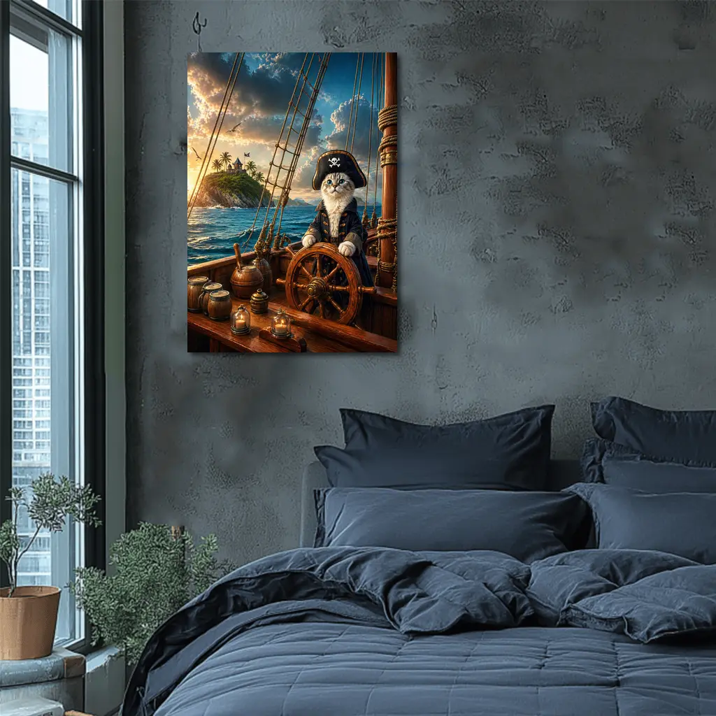 Pirate Cat Captain Steering Ship At Sunset – Wall Art