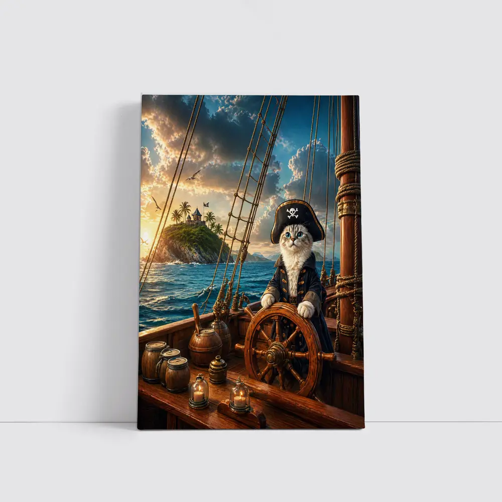 Pirate Cat Captain Steering Ship At Sunset – Wall Art