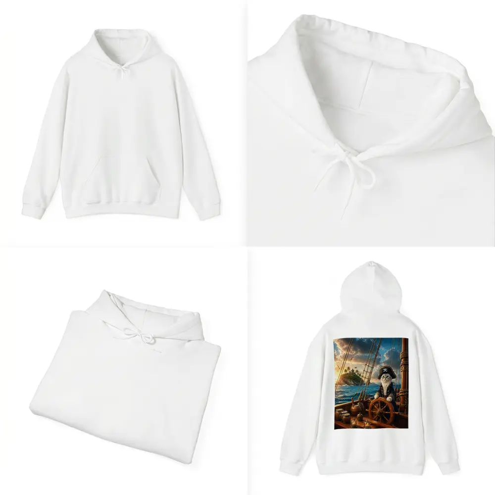 Pirate Cat Captain Steering Ship At Sunset – Hoodies