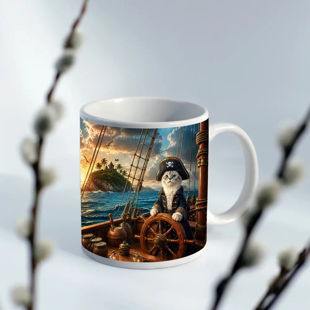Pirate Cat Captain Steering Ship At Sunset – Mugs