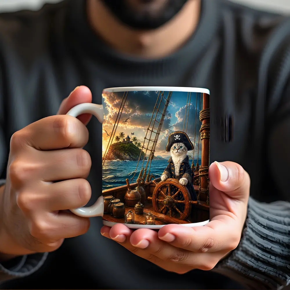 Pirate Cat Captain Steering Ship At Sunset – Mugs