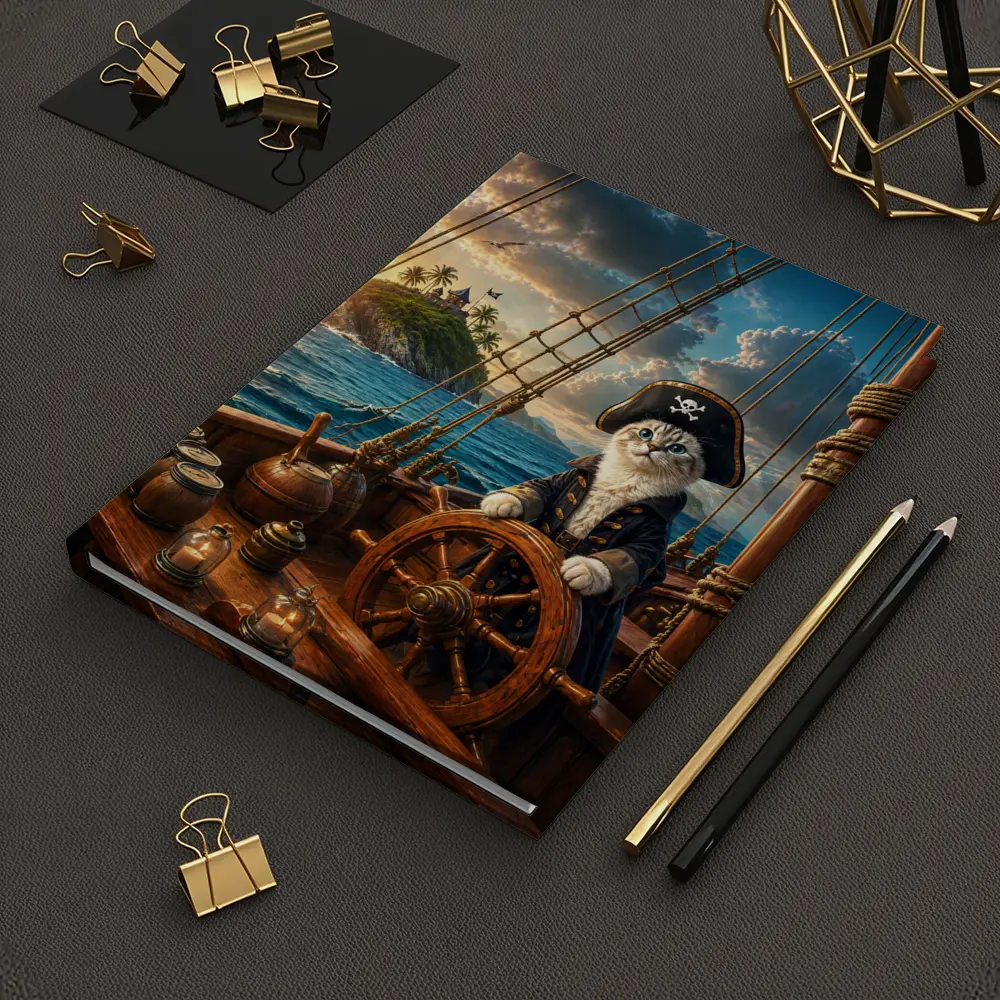 Pirate Cat Captain Steering Ship At Sunset – Notebooks
