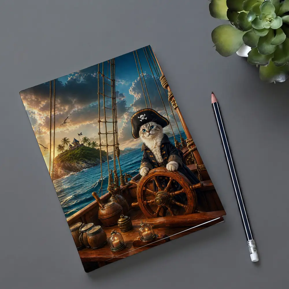Pirate Cat Captain Steering Ship At Sunset – Notebooks