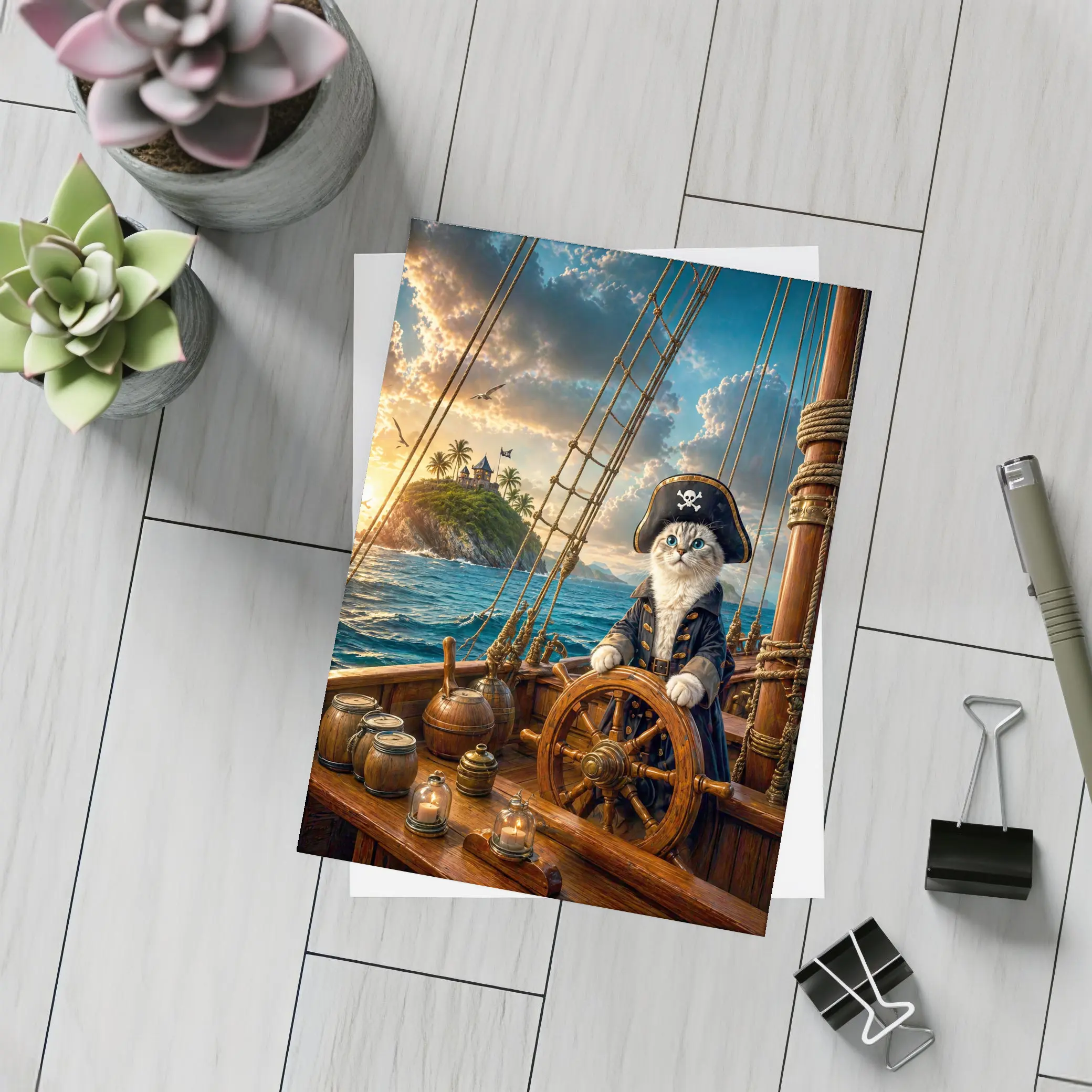 Pirate Cat Captain Steering Ship At Sunset – Postcards