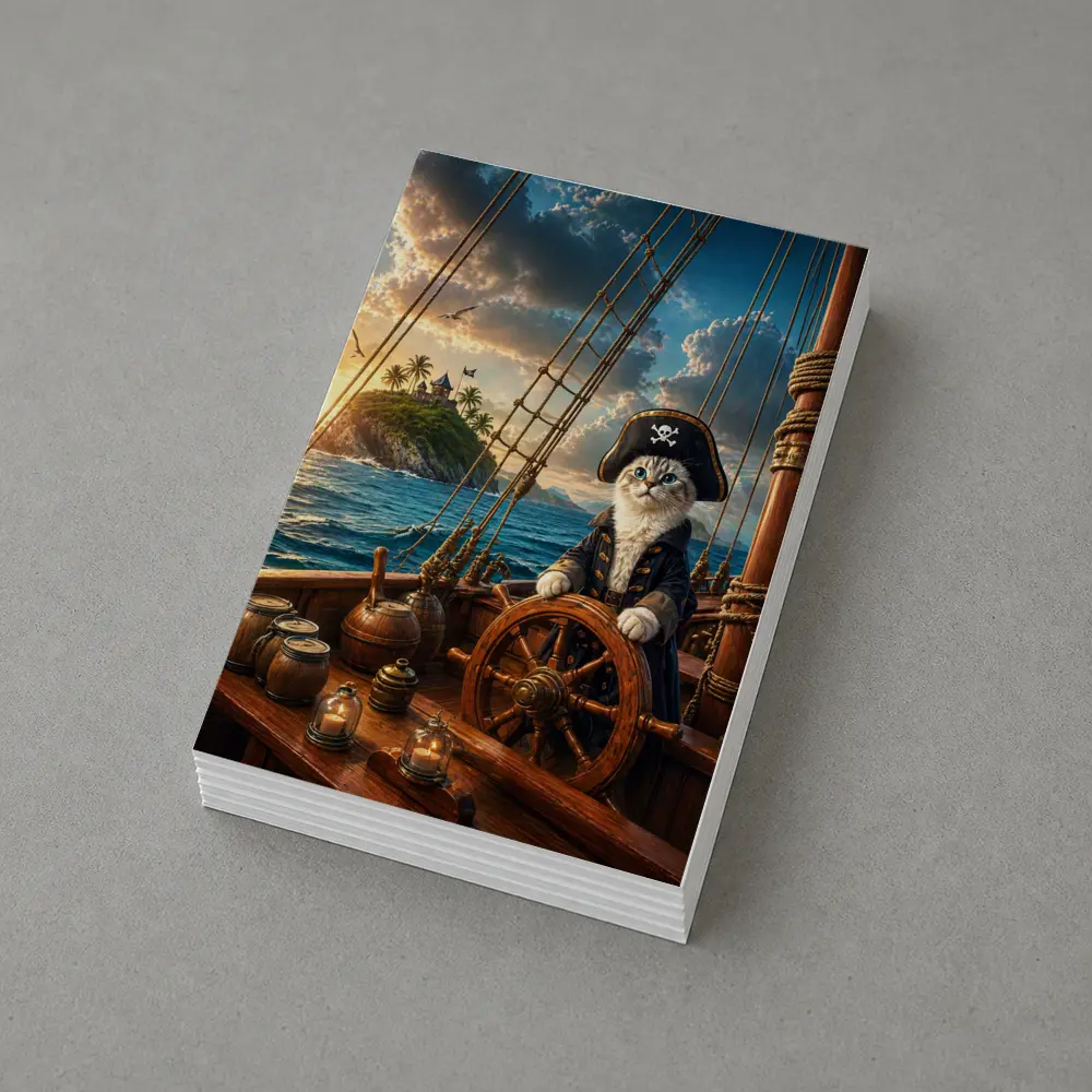 Pirate Cat Captain Steering Ship At Sunset – Postcards