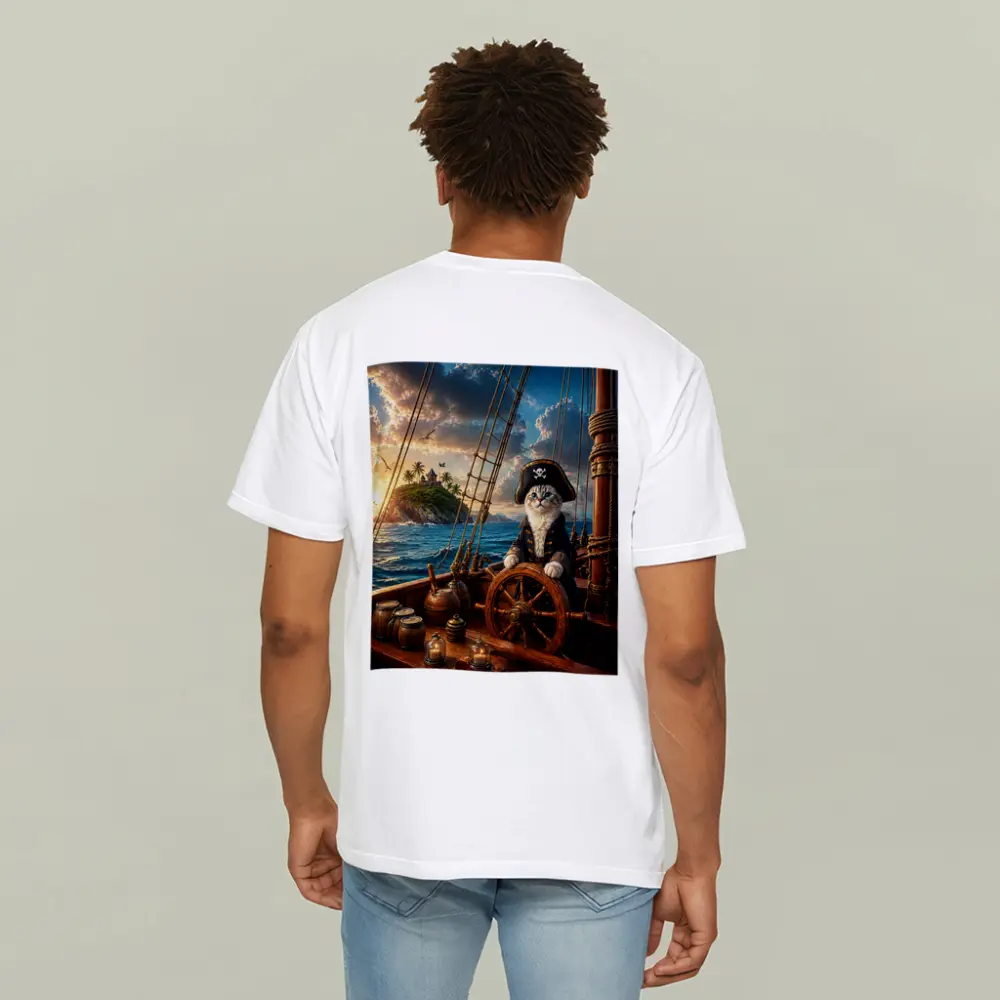Pirate Cat Captain Steering Ship At Sunset – T-Shirts