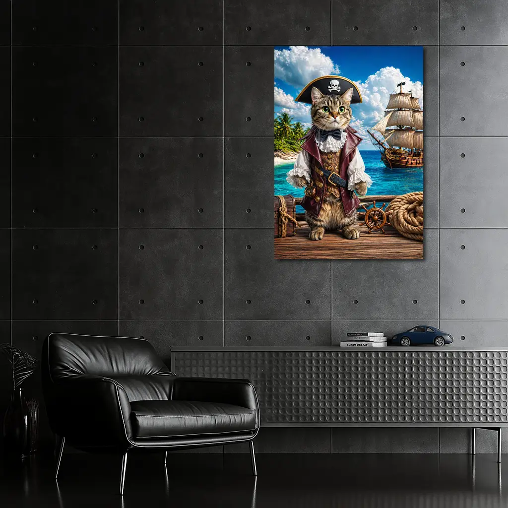 Tabby Cat Pirate Captain Tropical Island Ship – Wall Art