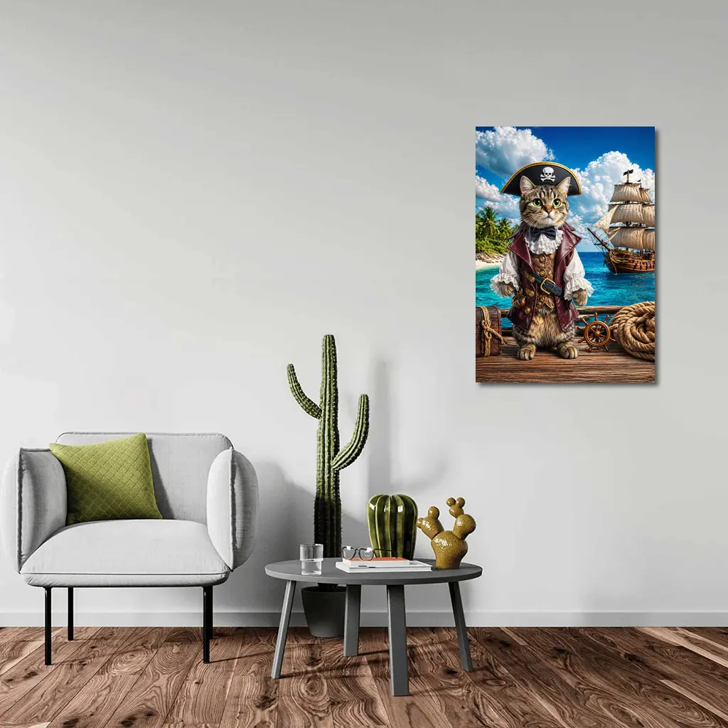 Tabby Cat Pirate Captain Tropical Island Ship – Wall Art