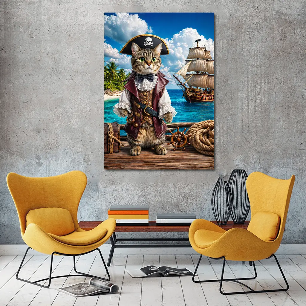 Tabby Cat Pirate Captain Tropical Island Ship – Wall Art