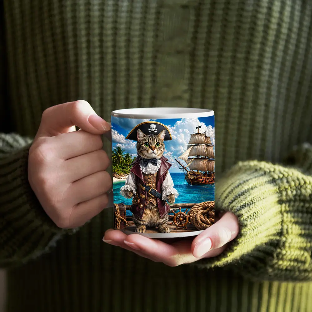 Tabby Cat Pirate Captain Tropical Island Ship – Mugs