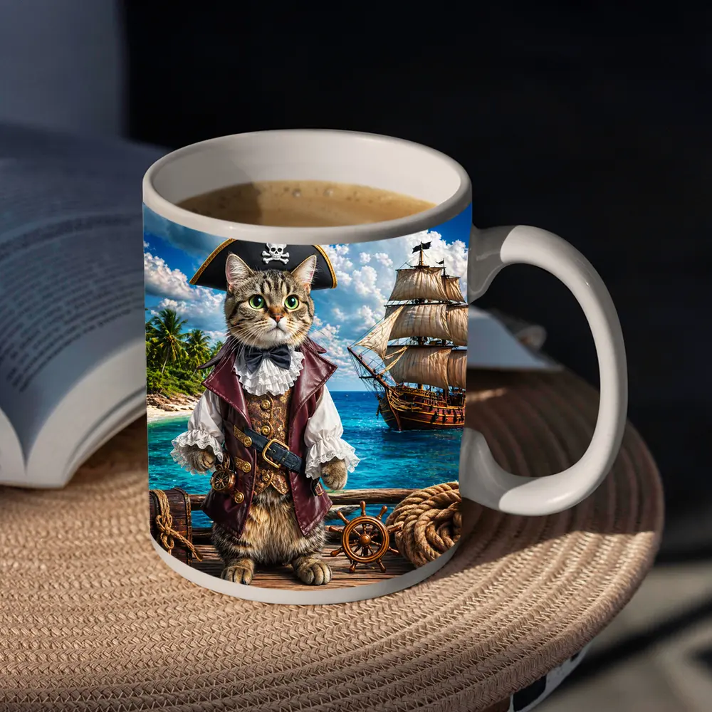 Tabby Cat Pirate Captain Tropical Island Ship – Mugs