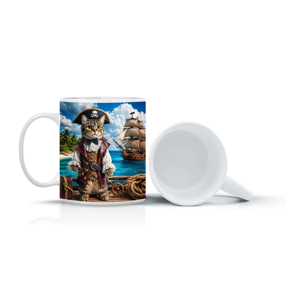 Tabby Cat Pirate Captain Tropical Island Ship – Mugs