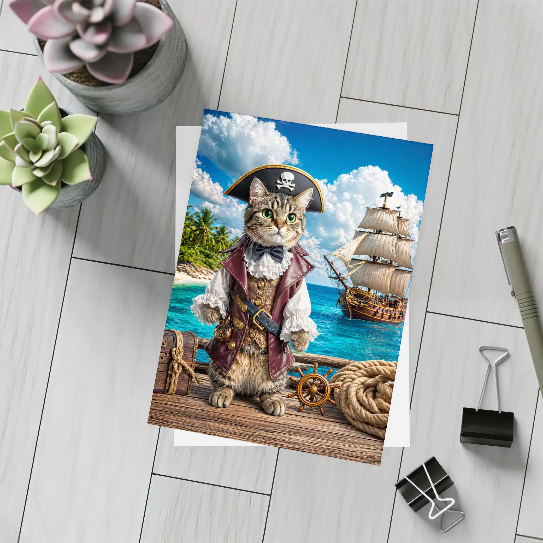 Tabby Cat Pirate Captain Tropical Island Ship – Postcards