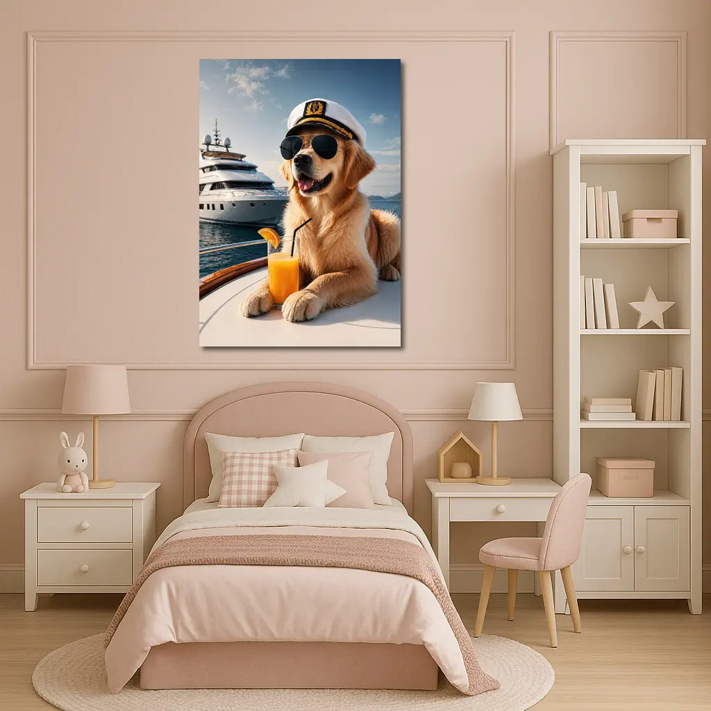 Golden Retriever Captain Relaxing on Luxury Yacht – Wall Art