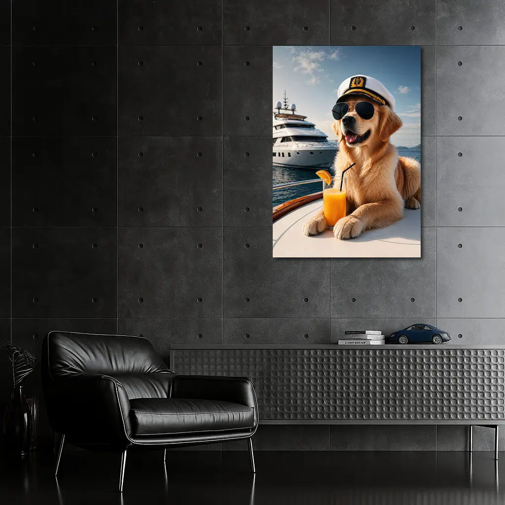 Golden Retriever Captain Relaxing on Luxury Yacht – Wall Art