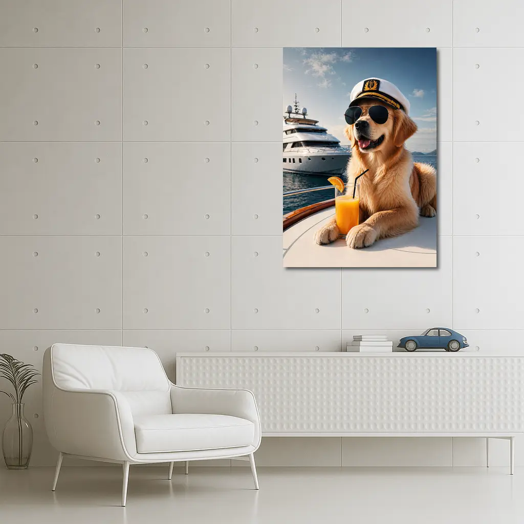 Golden Retriever Captain Relaxing on Luxury Yacht – Wall Art