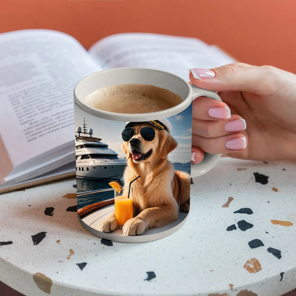 Golden Retriever Captain Relaxing on Luxury Yacht – Mugs