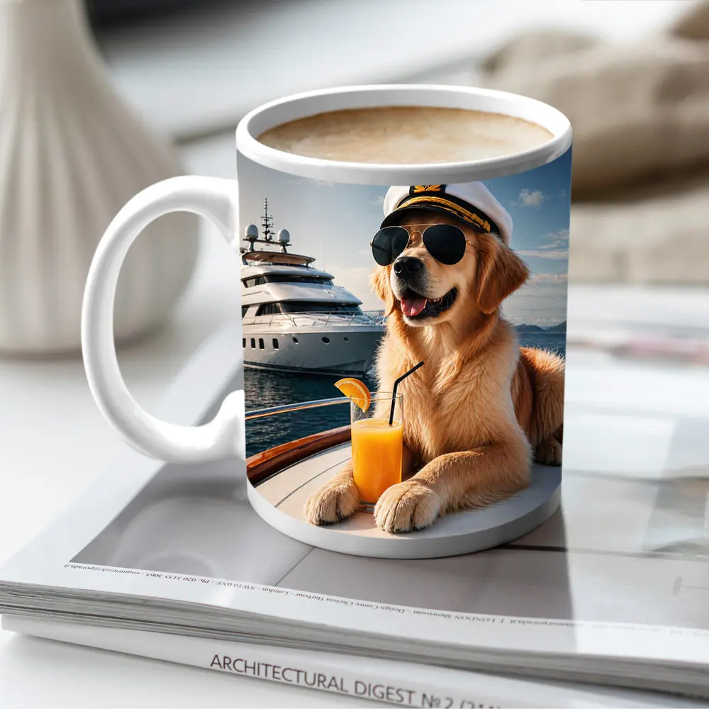 Golden Retriever Captain Relaxing on Luxury Yacht – Mugs