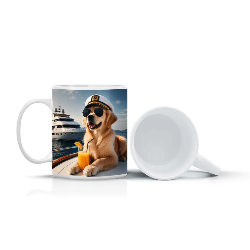 Golden Retriever Captain Relaxing on Luxury Yacht – Mugs