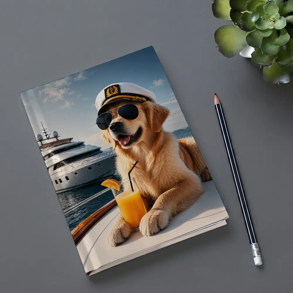 Golden Retriever Captain Relaxing on Luxury Yacht – Notebooks