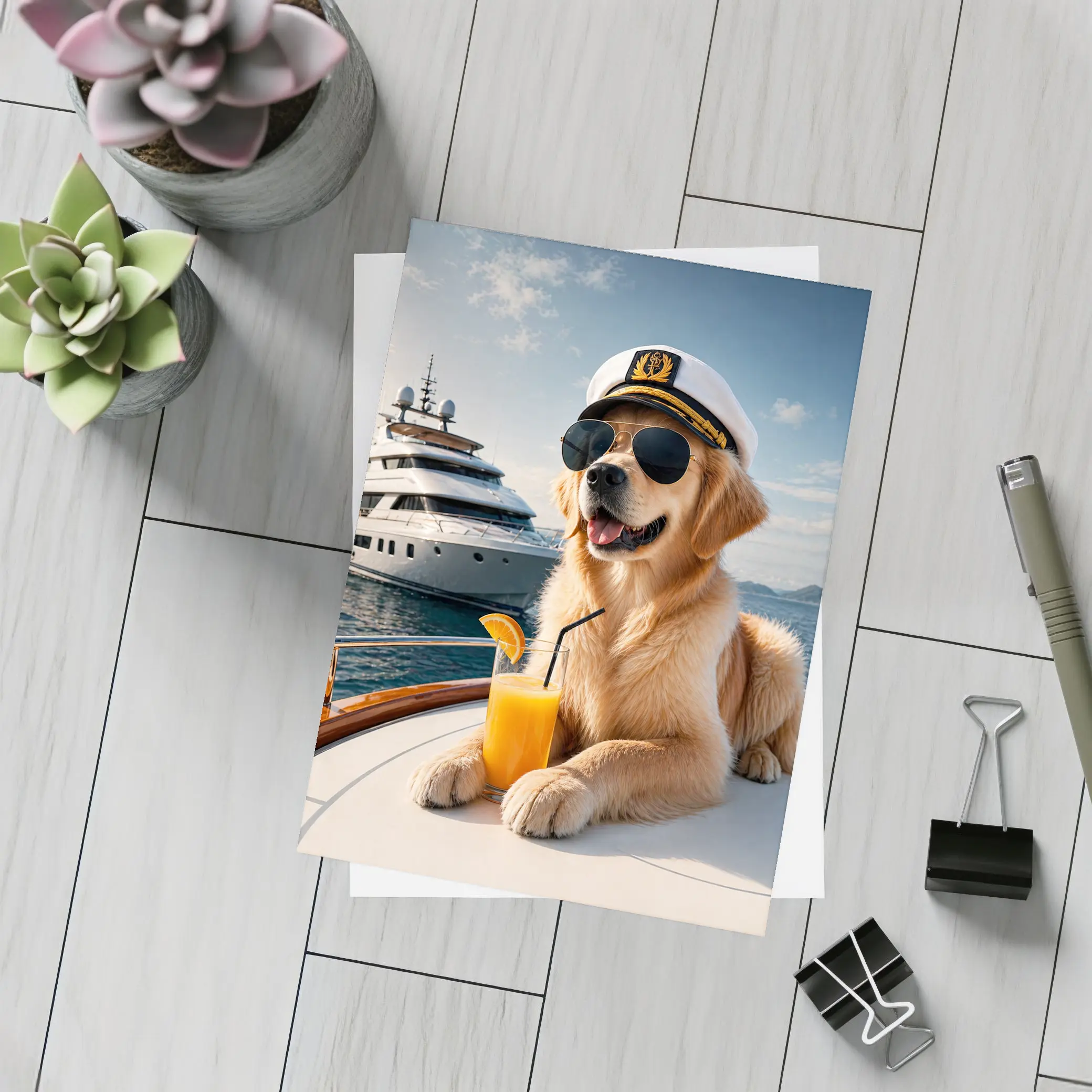 Golden Retriever Captain Relaxing on Luxury Yacht – Postcards