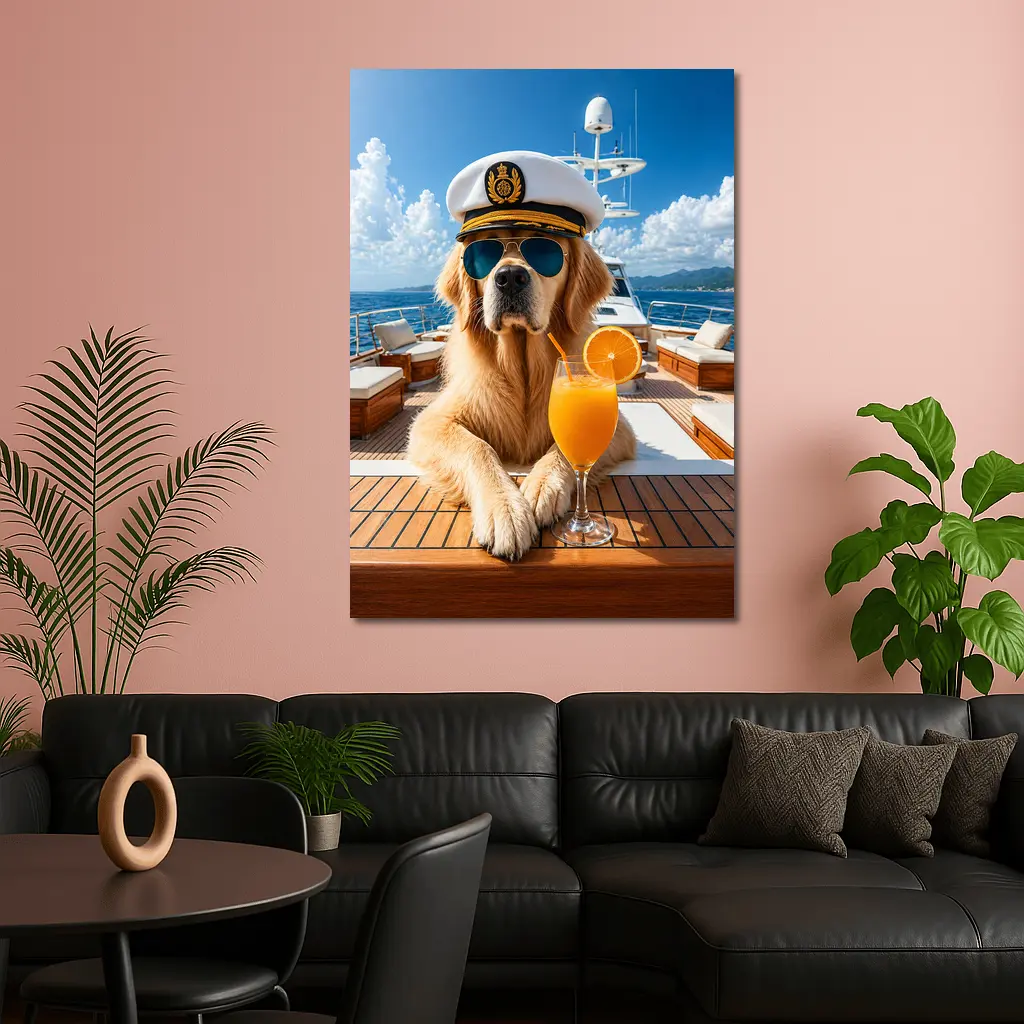 Golden Retriever Captain on Luxury Yacht – Wall Art