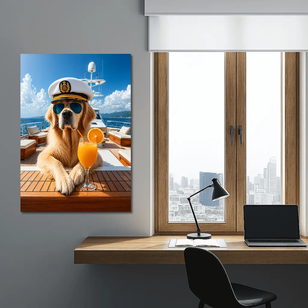 Golden Retriever Captain on Luxury Yacht – Wall Art