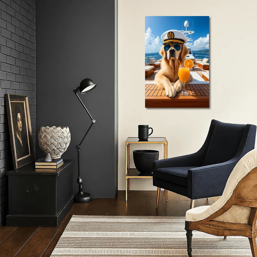 Golden Retriever Captain on Luxury Yacht – Wall Art