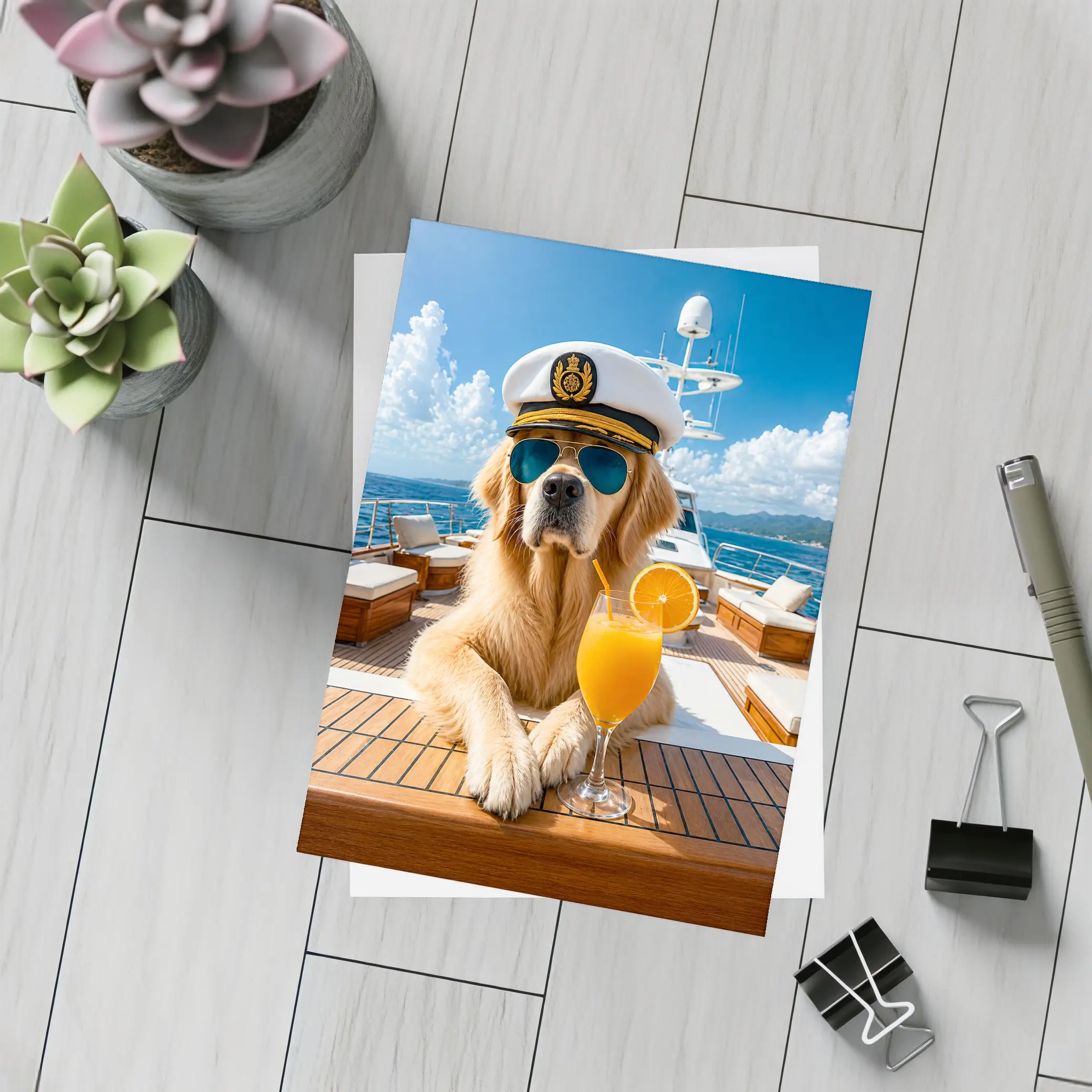 Golden Retriever Captain on Luxury Yacht – Postcards