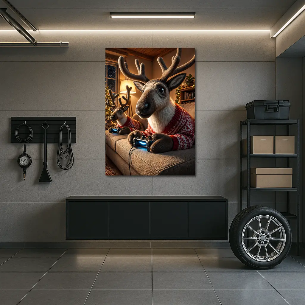 Reindeer Gaming in Cozy Christmas Living Room – Wall Art