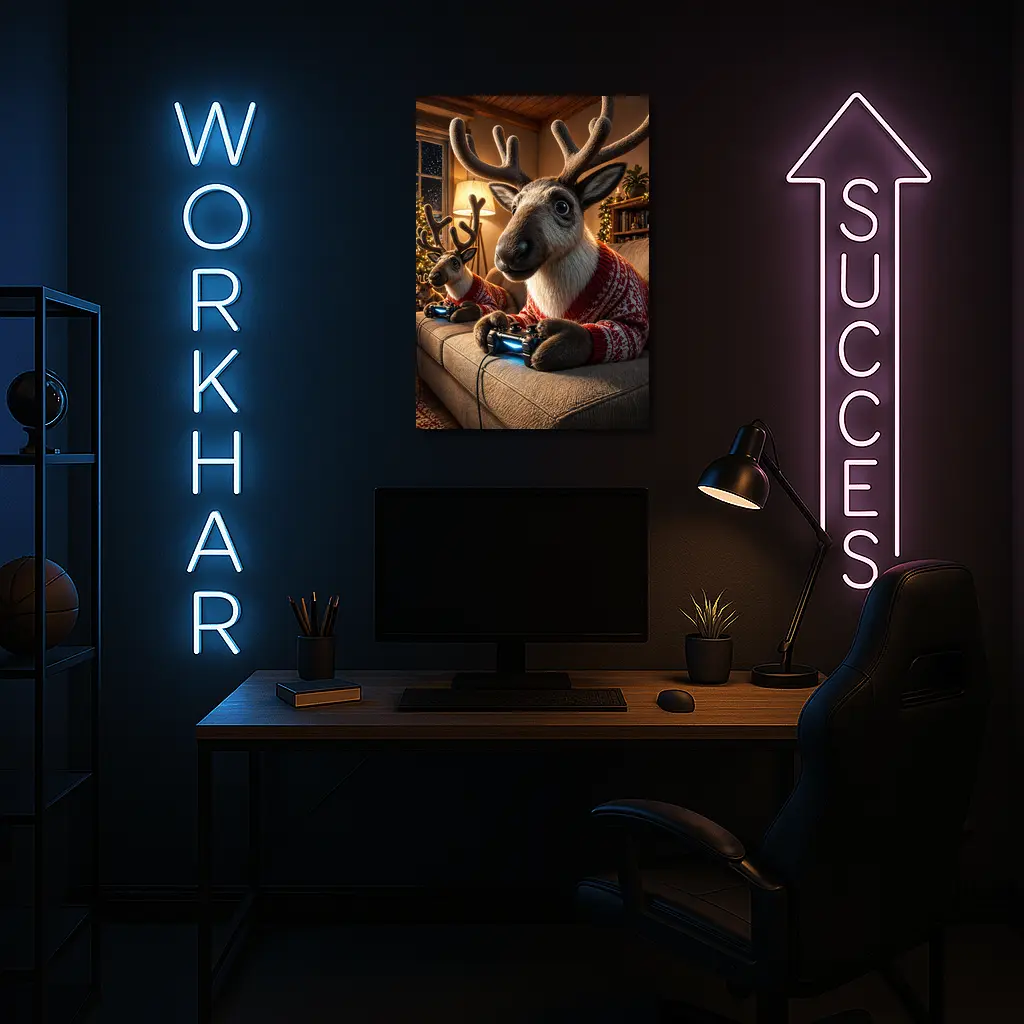 Reindeer Gaming in Cozy Christmas Living Room – Wall Art