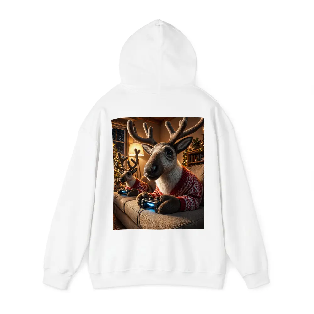 Reindeer Gaming in Cozy Christmas Living Room – Hoodies