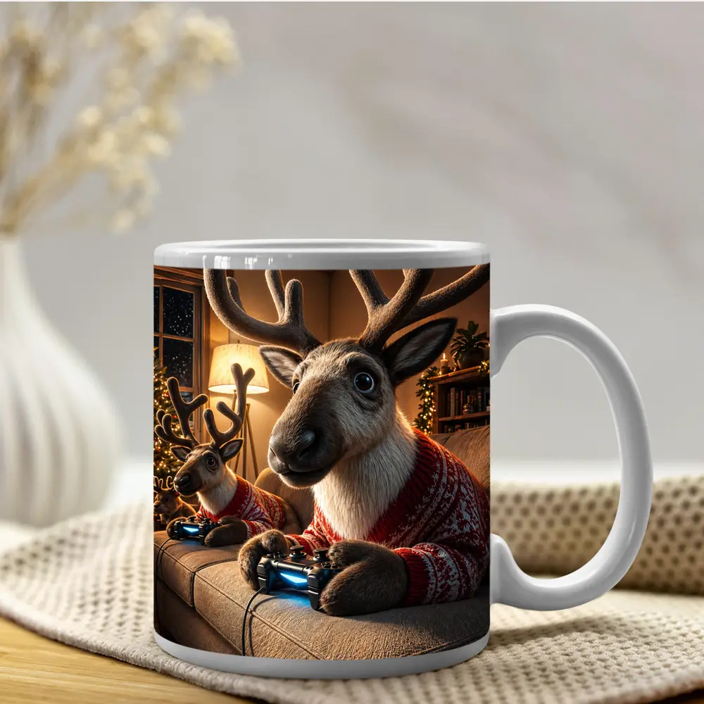Reindeer Gaming in Cozy Christmas Living Room – Mugs