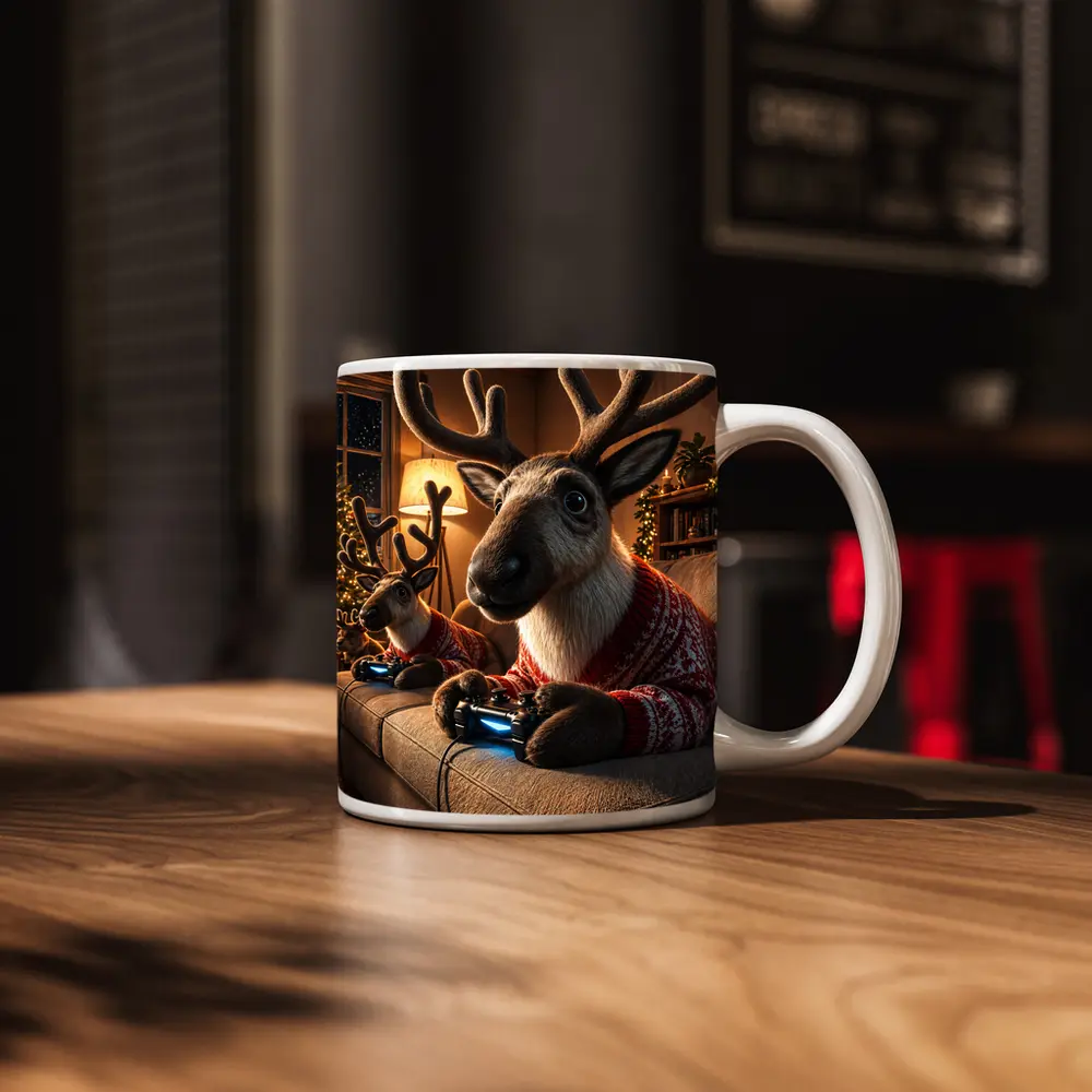 Reindeer Gaming in Cozy Christmas Living Room – Mugs
