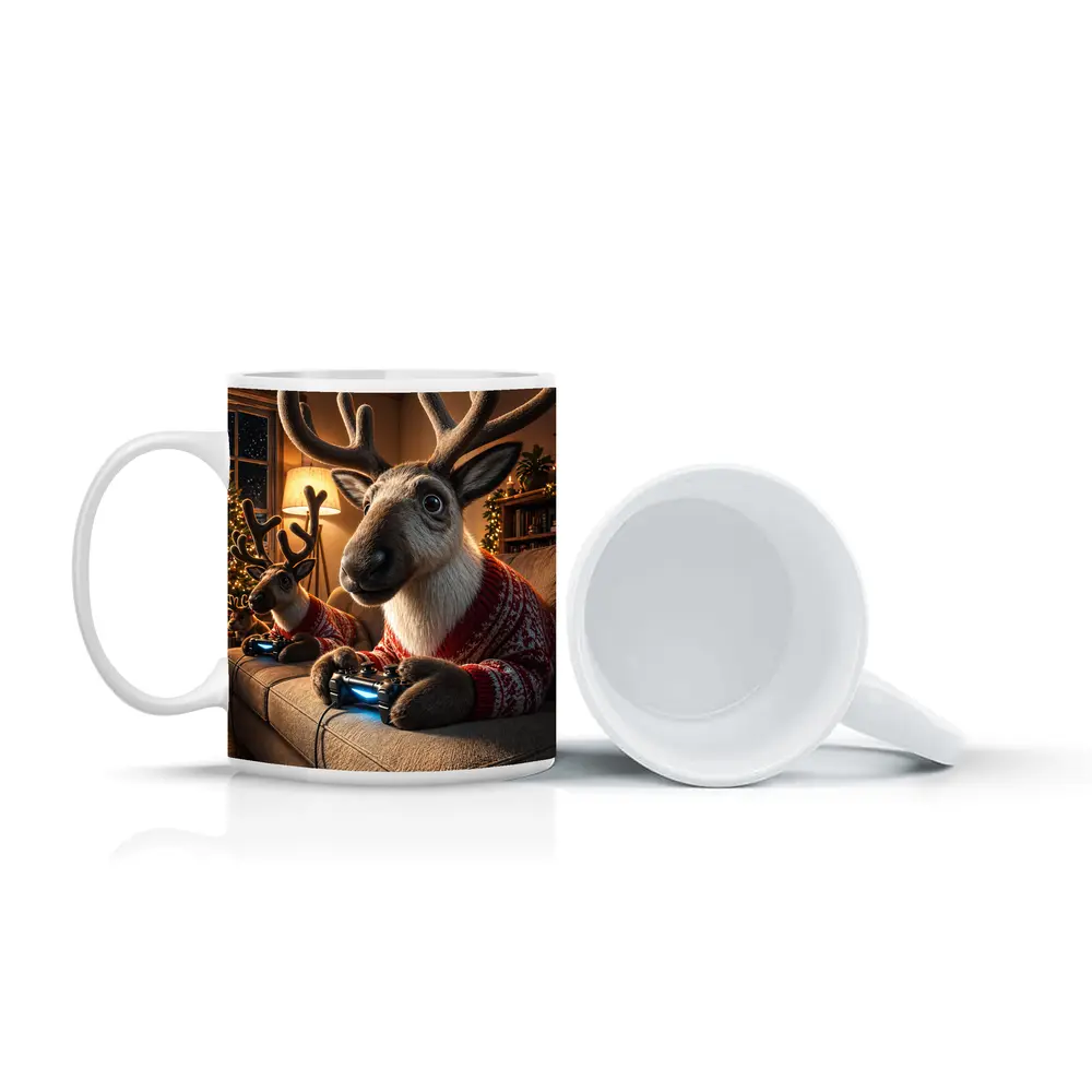 Reindeer Gaming in Cozy Christmas Living Room – Mugs