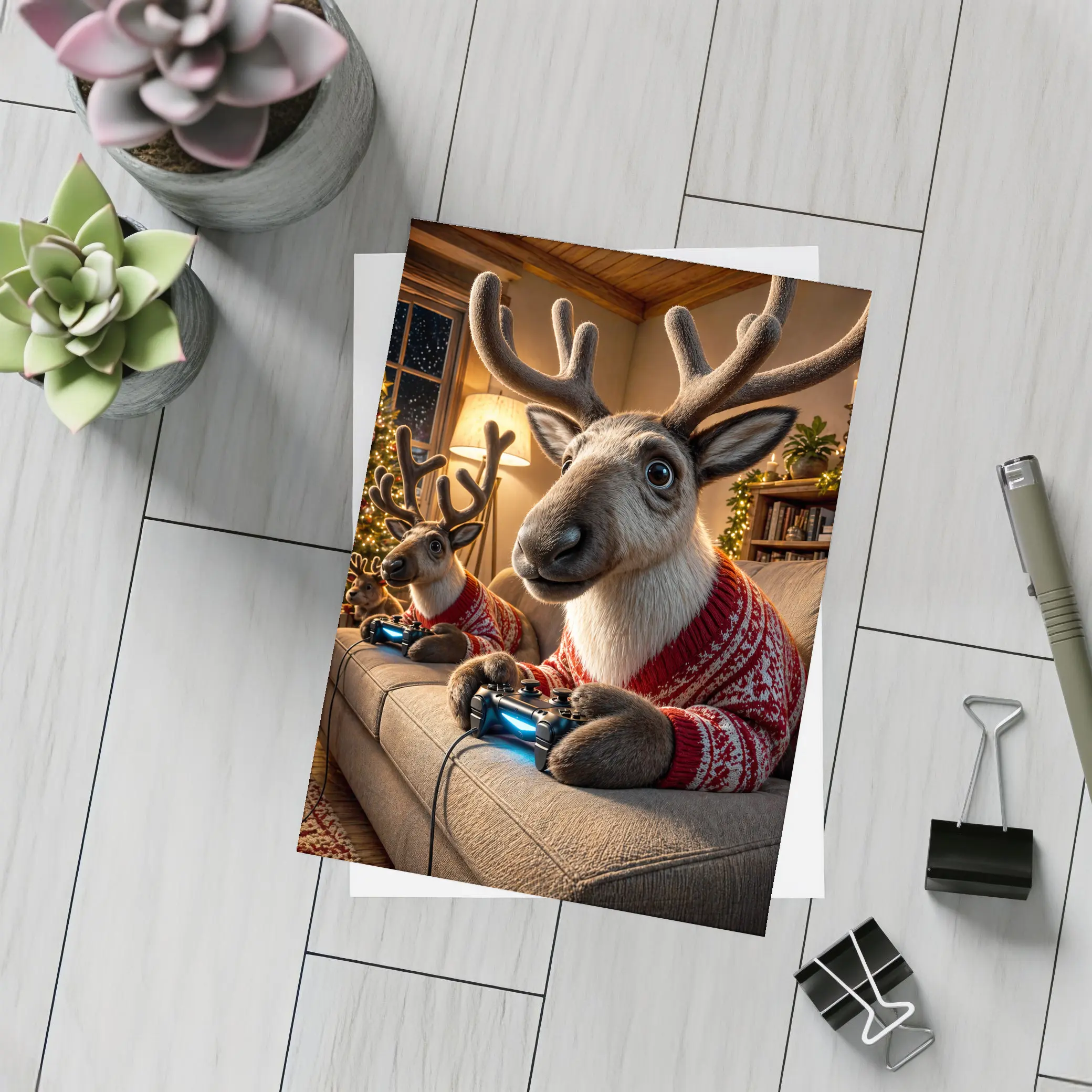 Reindeer Gaming in Cozy Christmas Living Room – Postcards