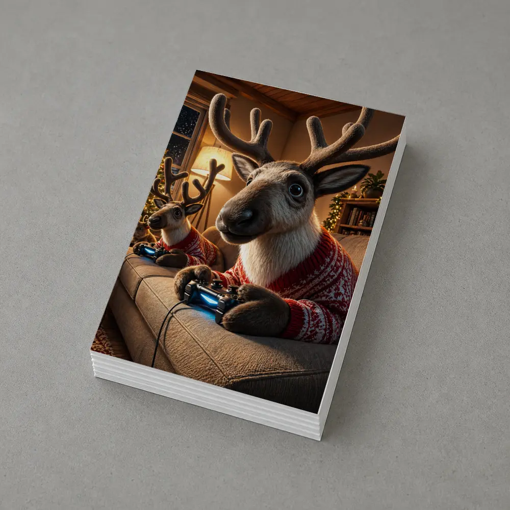 Reindeer Gaming in Cozy Christmas Living Room – Postcards